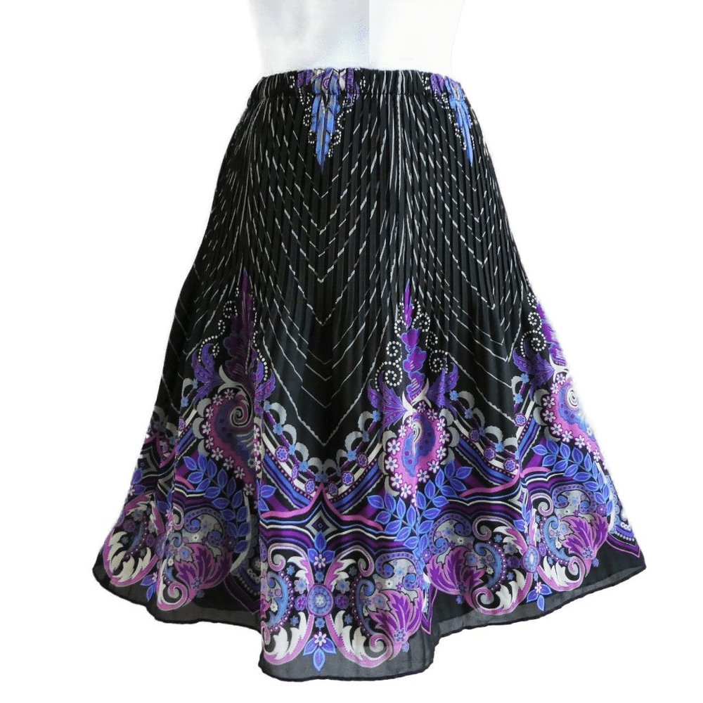 Allison Taylor Pleated Skirt Midi Lined A Line Accordion Black Elastic Pull On L